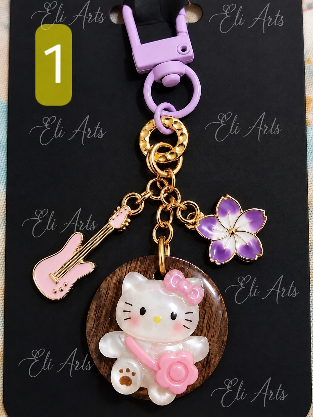 Cute Cat Wooden Keychain with Guitar & Flower Charms